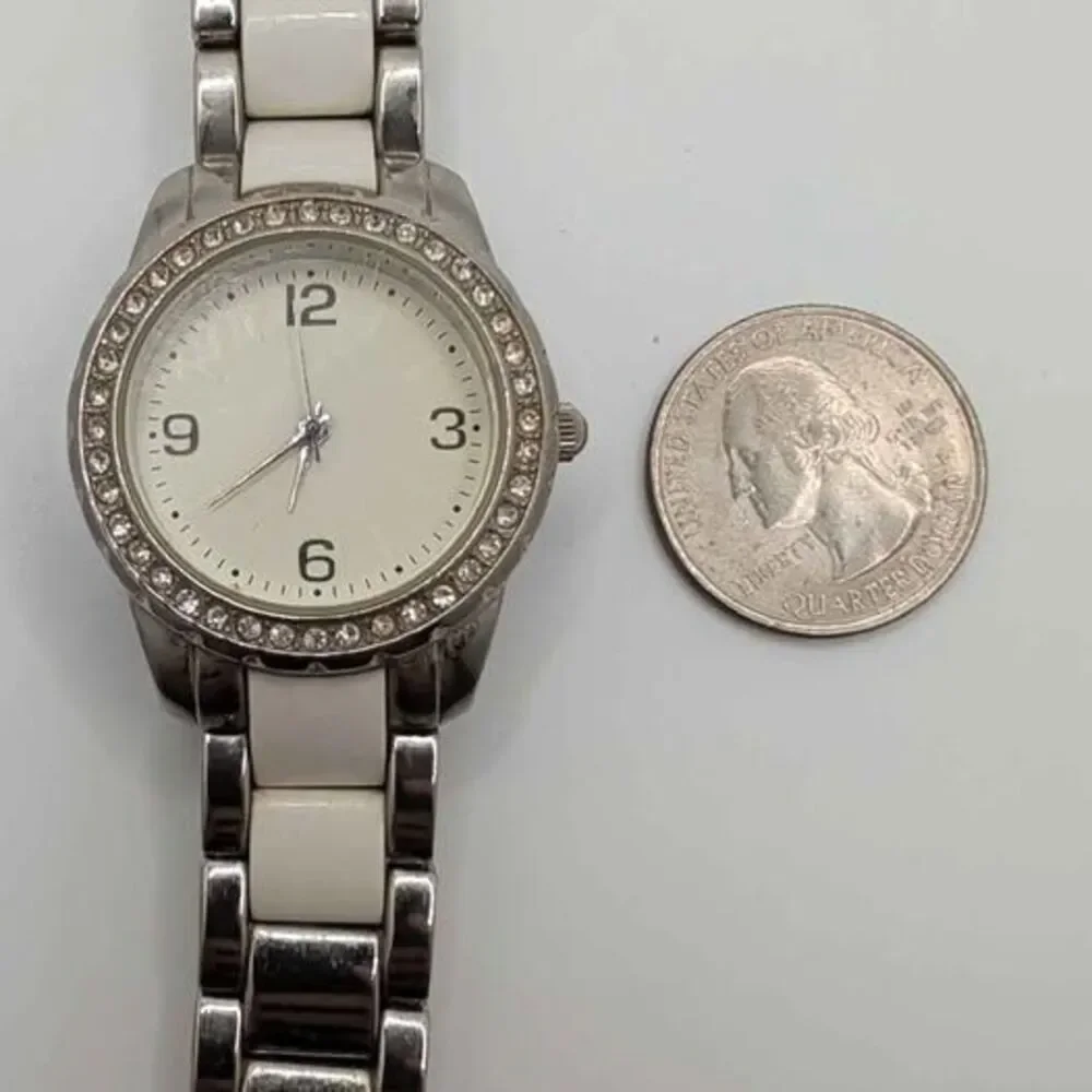 FMD FMDCT391 Women's Watch Silver Tone White Links Crystal Bezel NEW BATTERY